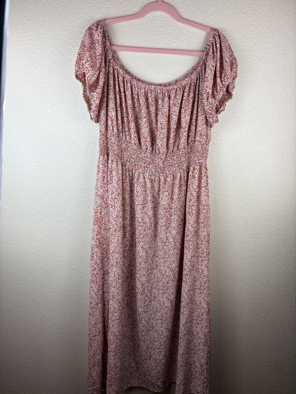 Shein Pink Ditsy Floral Puff Sleeve Cottagecore Long Dress Side Slit 3XL